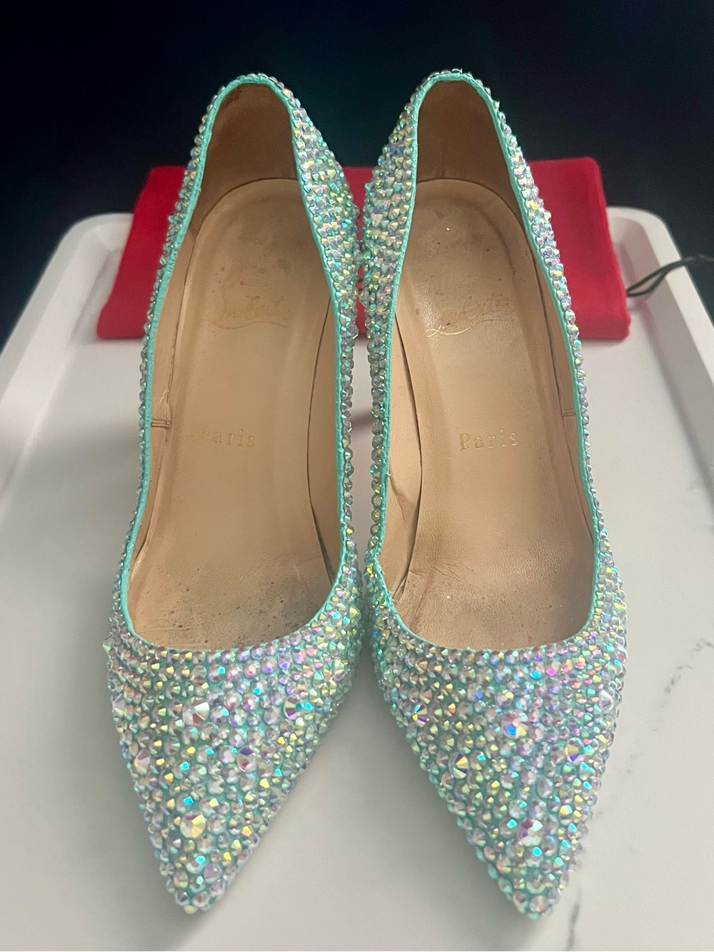 Christian Louboutin Tiffany Blue Swarovski Crystal Strass Kate Heels 36.5